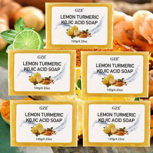 5 Pack GZE Body Restore Lemon Turmeric Kojic Acid Soap, with Shea Butter, For Face Dark Spots, Body, Rejuvenating, Exfoliating