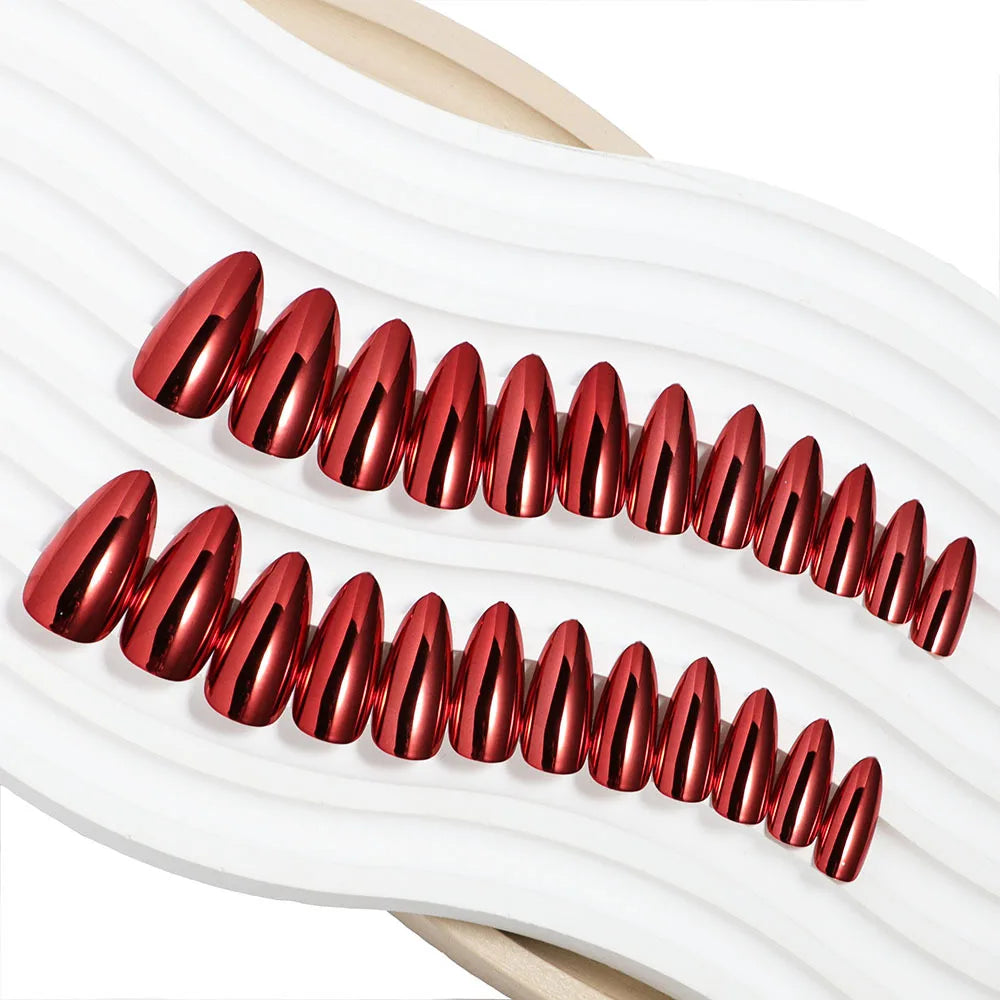 24pc/set Medium almond fake nails metallic mirror red black purple blue golden tips faux ongles y2k press on acylic false nail