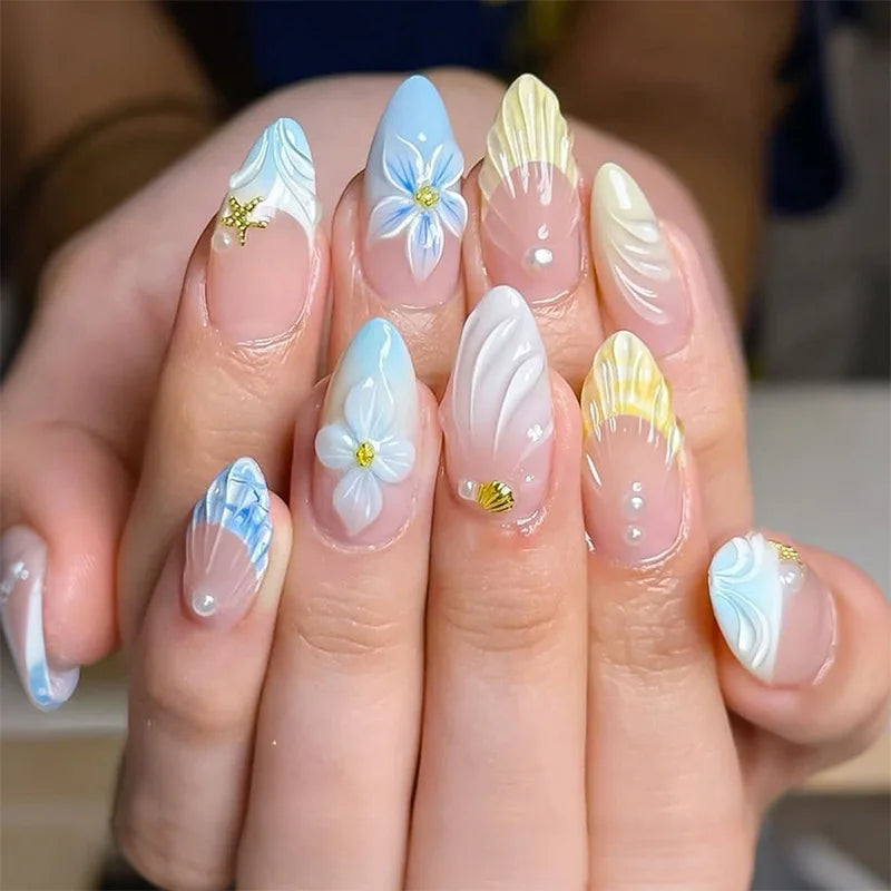24pcs Mid-length Almond Press on Nails Sets Wearable Gradient Pink Flower Pearl Design False Nail French Fake Nail Finished Tips