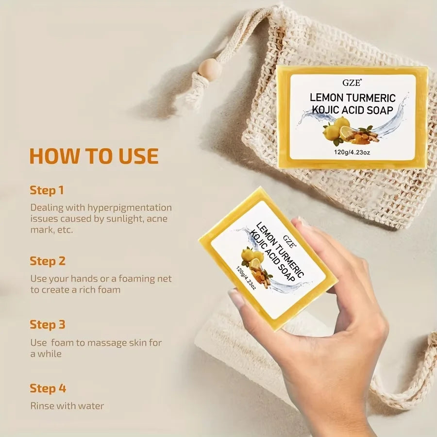 5 Pack GZE Body Restore Lemon Turmeric Kojic Acid Soap, with Shea Butter, For Face Dark Spots, Body, Rejuvenating, Exfoliating