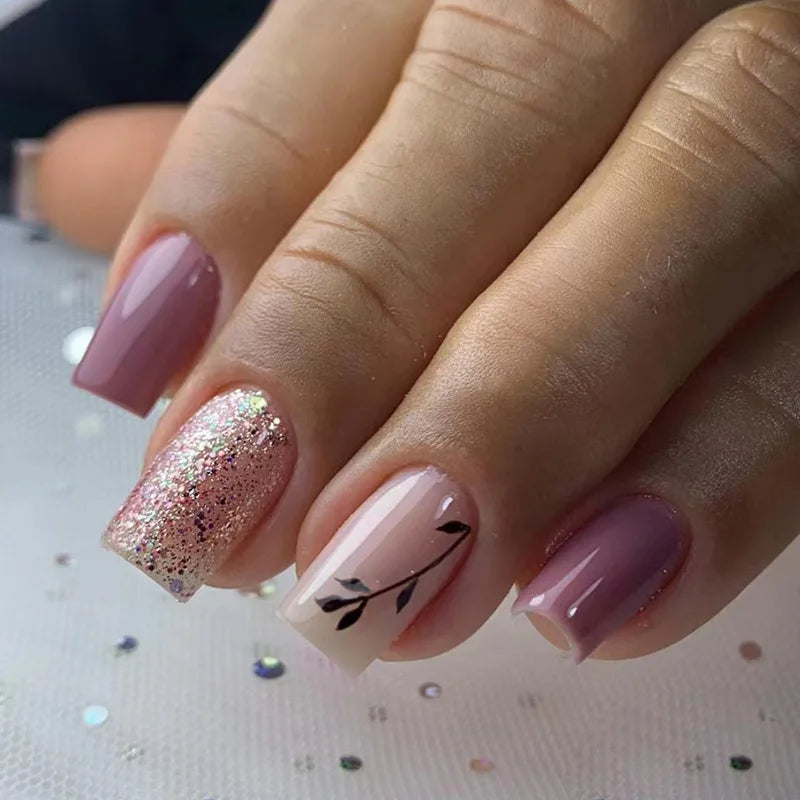 24pcs Sweet Cool False Nails Gradient French Fake Nail Tips with Purple Flowers Design Short Square Press on Nails Colorful Nail