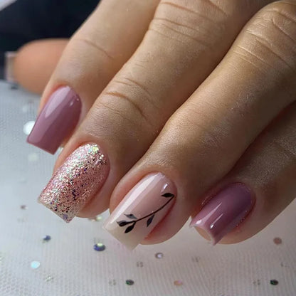 24pcs Sweet Cool False Nails Gradient French Fake Nail Tips with Purple Flowers Design Short Square Press on Nails Colorful Nail