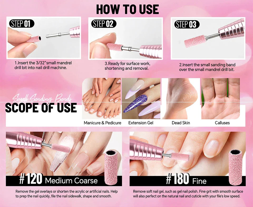 Pink 3MM Sanding Bands 50 Pcs With Mandrel Bit Se 180 Fine Grit Small Nail Files Sanding Band for Acrylic Nails Gel Manicure