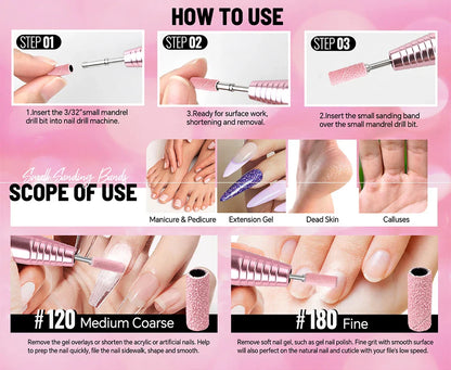 Pink 3MM Sanding Bands 50 Pcs With Mandrel Bit Se 180 Fine Grit Small Nail Files Sanding Band for Acrylic Nails Gel Manicure