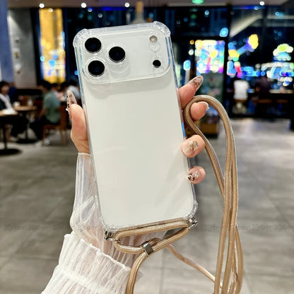 Shockproof Clear Soft Bumper Case For iPhone 17 16 15 14 Pro Max Plus Crossbody Lanyard Necklace Strap Cord Nylon Rope Cover