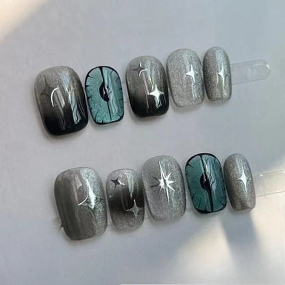 10Pcs Cat Eye False Nails Short Square Handmade Fake Nails Irregular Metal Press on Nails Silver Glitter Design Nail Sweet Cool