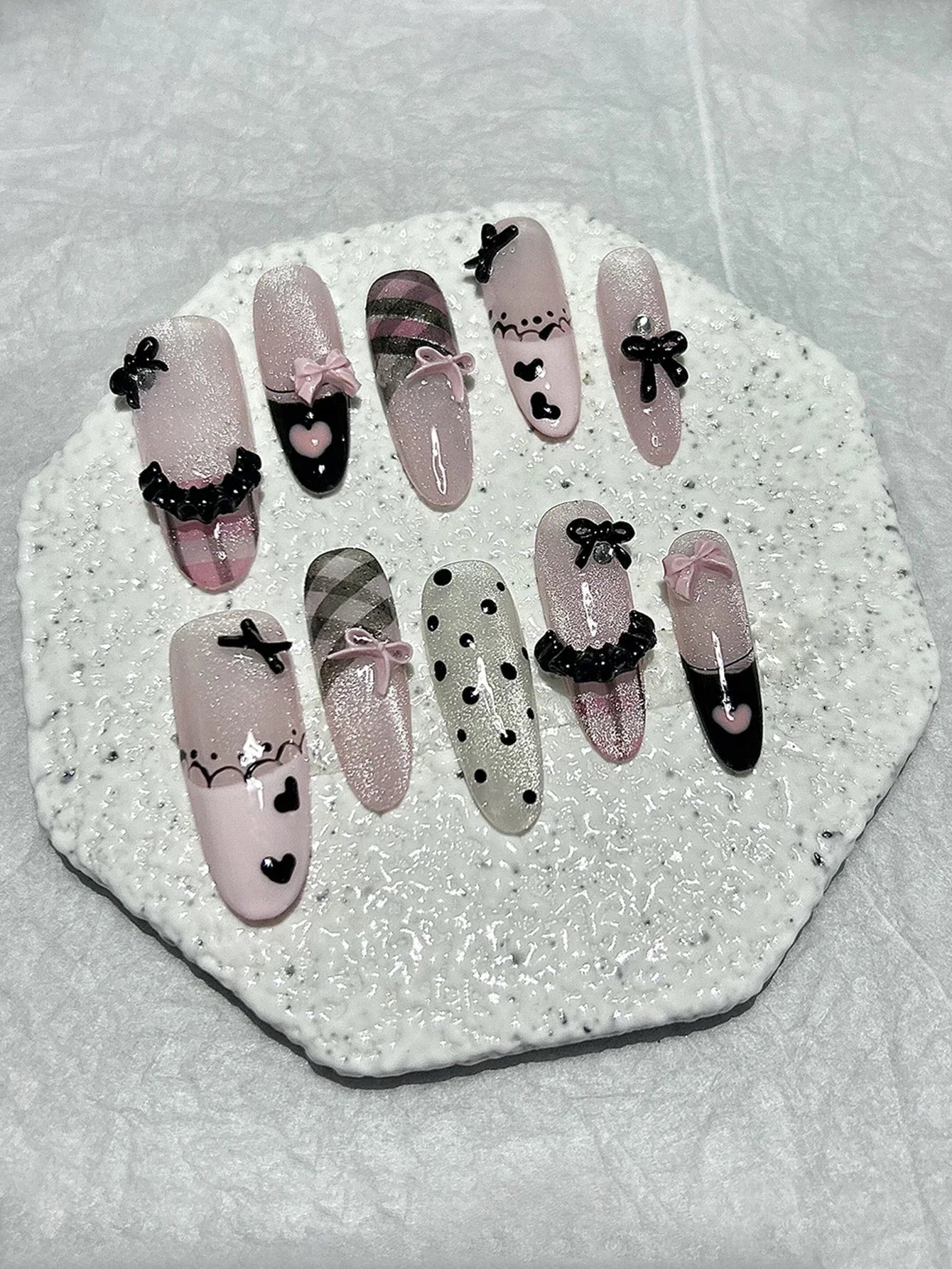 Black Pink Sweet French Almond Handmade Press On Nails Grid Polka Dot Love Skirt Ballet Fake Nails Princess Cute Bow Nail Art