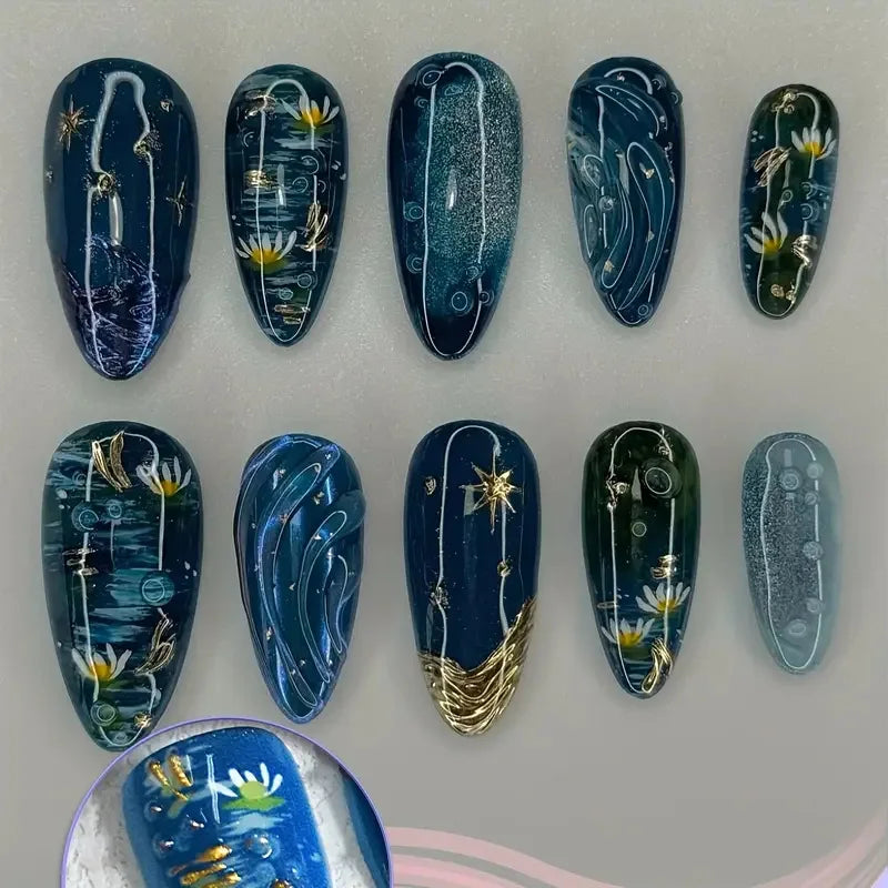 10pcs Handmade Fake Nail Art Ocean Seashell Design Blue Mid-length Oval False Nail Tips with Rhinestone Pearl Press on Nails Set