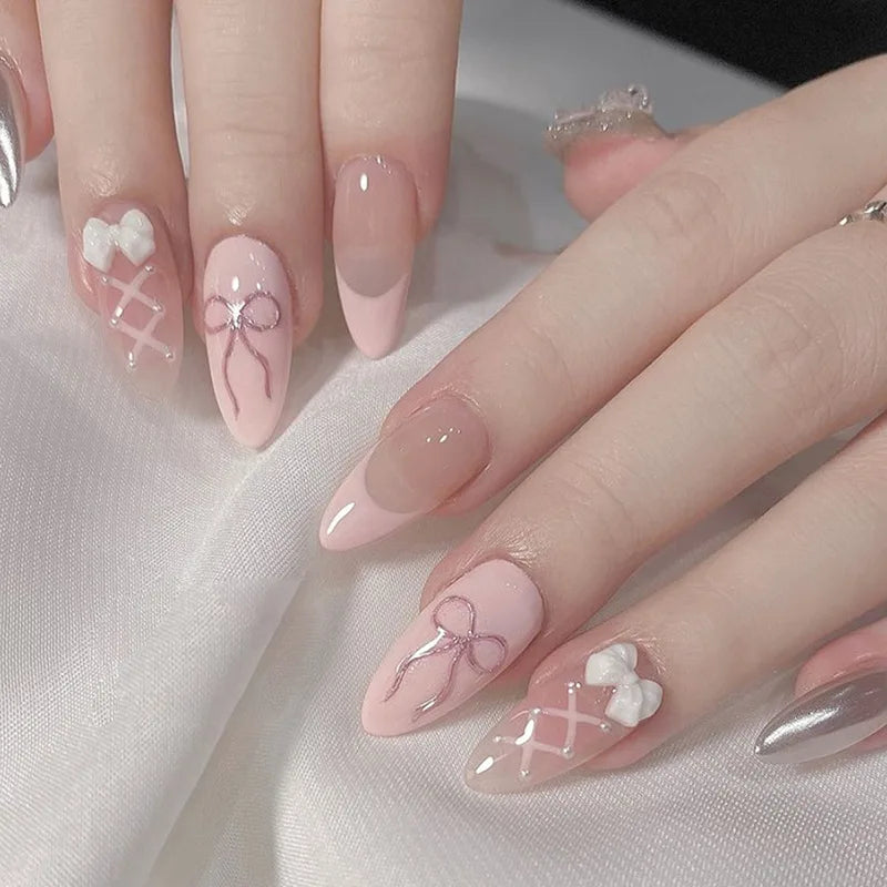 24Pcs Solid Color Grey Almond Fake Nail Cat's Eye Design Wearable Round Head False Nails with Shiny Powder Press on Nails