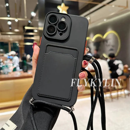 Flat Rope Solid Color Card Bag Phone Case For Xiaomi Redmi Note 14 13 12 Pro 11 10 Pro Plus 11S 10S Hanging Rope Soft Silicone