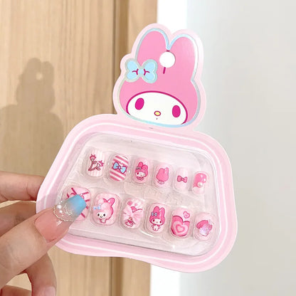 12pcs Kids 3D Stereo Sanrio Fake Nails Patch Sweet Girls Cute Cartoon Hello Kitty press on nails Kuromi Child Wearable FalseNail