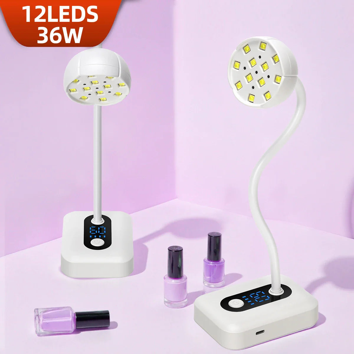36W Rechargeable UV LED Nail Lamp Cordless 12LEDS Nail Dryer 360° Bendable Fast Drying Nail Manicure Polish Glue Gel Curing Lamp