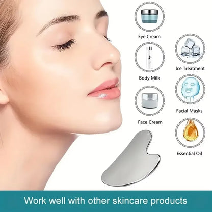 Facial cleansing tool set, stainless steel heart-shaped scraping tool, ice roller, silicone facial brush