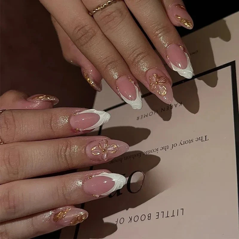 24pcs/Box Long Coffin False Nails Art Rose with Glue Wearable Nude Pink White Color Jelly Nails Tips Full Cover Press on Nails