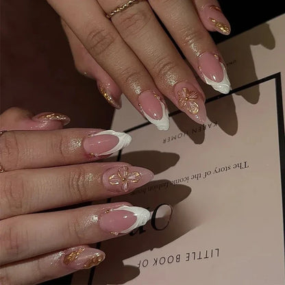 24pcs/Box Long Coffin False Nails Art Rose with Glue Wearable Nude Pink White Color Jelly Nails Tips Full Cover Press on Nails