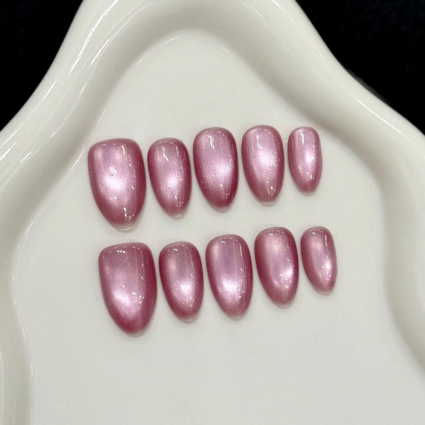 10pcs Handmade Press On Nails Solid Color Glossy Glass Beads Cat's Eye False Nails Full Cover Short Almond Fake Nail For Women