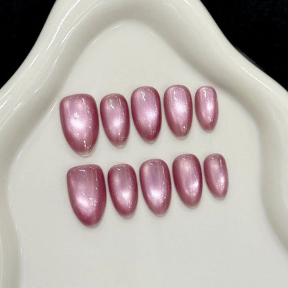 10pcs Handmade Press On Nails Solid Color Glossy Glass Beads Cat's Eye False Nails Full Cover Short Almond Fake Nail For Women