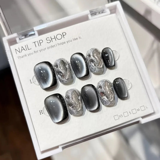 10pcs high-end Grey cat's eye small diamonds handmade fake nails, Short dark-colored nail decoration patches for girls