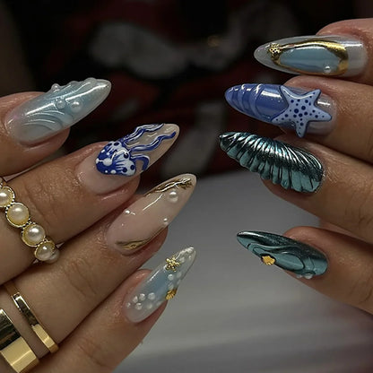 24Pcs Pink Almond False Nails Sweet Summer Fake Nail Cute Flowers Pearl Nails Press Ons Colorful Monet Press on Nails for Girls