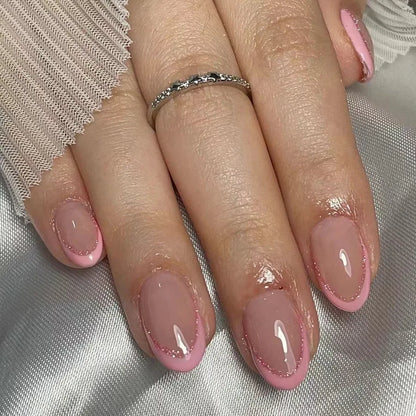 24Pcs Simple Glitter Almond False Nails with Glue Ballerina Nail Design Sweet Cool French Detachable Press on Nail Manicure Tips