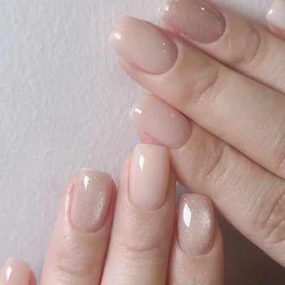 24Pcs Medium Short Square False Nails Glittering Nail Art White Wearable Fake Nail Silver French Full Cover Press on Nail Tips