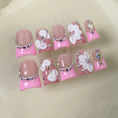 10pcs Pink Duckbill Handmade Press on Nails Art Simple White French Short Fake Nail Wearable Rhinestones Design False Nails Tips