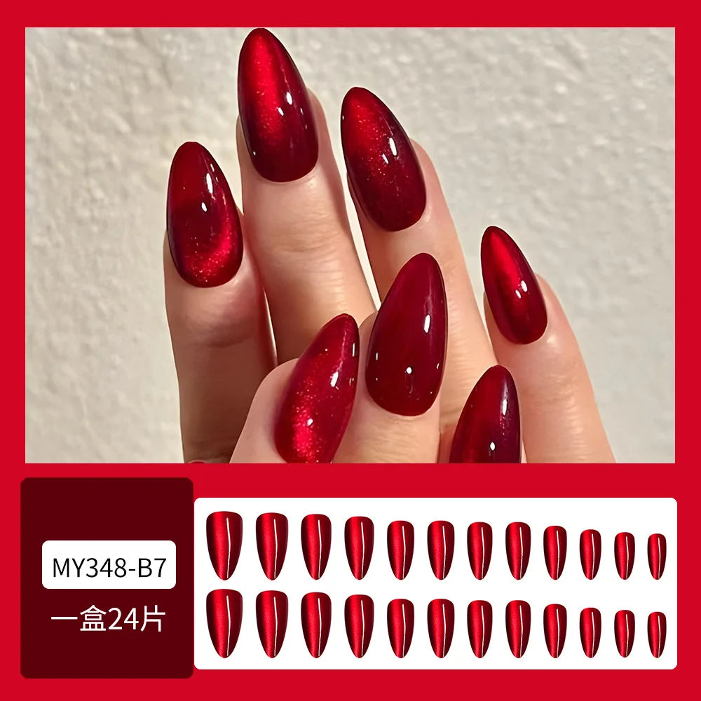 24pcs Glossy Red Cat's Eye Press On Nails Full Cover Nude Color Wearable Almond False Nails Charms Detachable Fake Nail For Girl
