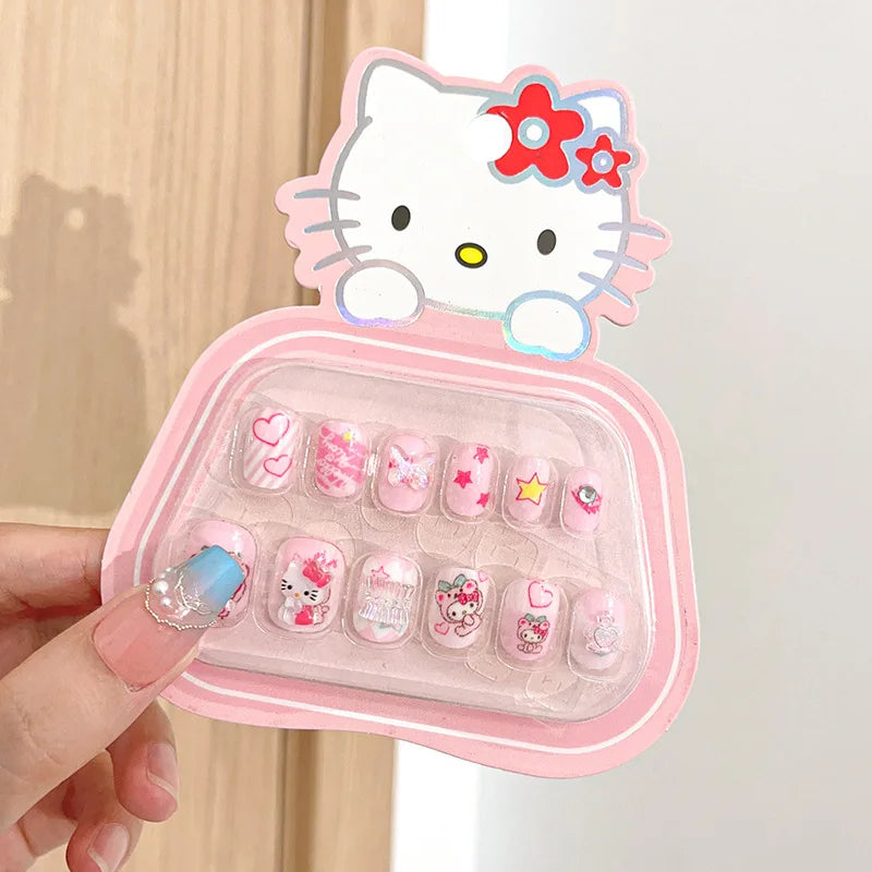 12pcs Kids 3D Stereo Sanrio Fake Nails Patch Sweet Girls Cute Cartoon Hello Kitty press on nails Kuromi Child Wearable FalseNail