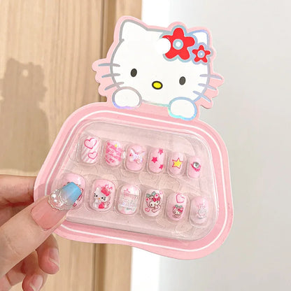 12pcs Kids 3D Stereo Sanrio Fake Nails Patch Sweet Girls Cute Cartoon Hello Kitty press on nails Kuromi Child Wearable FalseNail