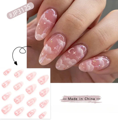 24Pcs Pink Cloud Sweet Star Moon Acrylic Nails Press on Almond Wearable Full Cover False Nails Art Tips Fingernail Beauty