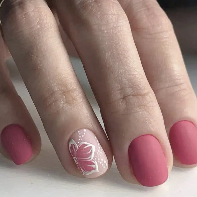 24Pcs Fairy White Flower Fake Nails Pink French Tip Press on Nails Short Square Wearable False Nail for Women Girls DIY Manicure