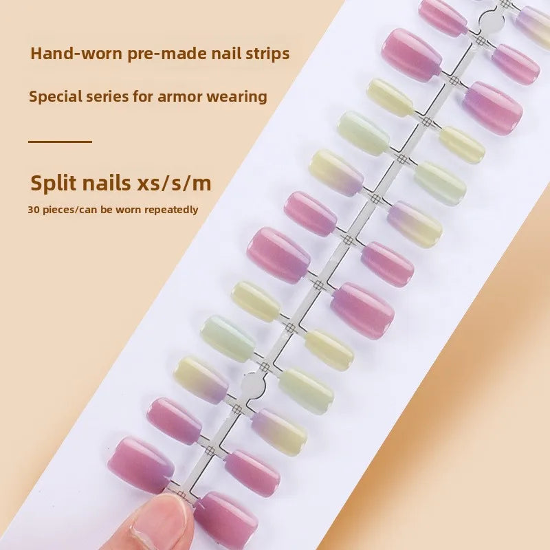 30Pcs Rainbow Color Glow Cat Eye Press on False Nails with Glue Glitter Short Square Nails Sweet Cool Gradient Summer Fake Nails