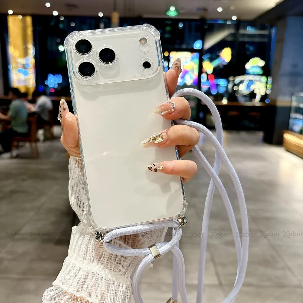 Shockproof Clear Soft Bumper Case For iPhone 17 16 15 14 Pro Max Plus Crossbody Lanyard Necklace Strap Cord Nylon Rope Cover