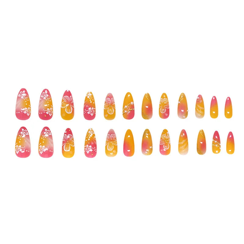 24pcs Gold Pink Flower Press On Nails Glossy Almond Autumn Wearable Fake Nails With Pearl Gold Ball Decor Ballet False Nail Tips