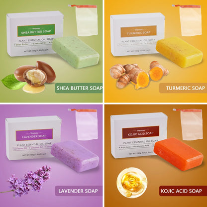 4 Pack Of Natural Plant Essential Oil Soap, Kojic Soap, Turmeric Soap, Moisturizing Cleansing Soap - Bath Body Soap Gift Box