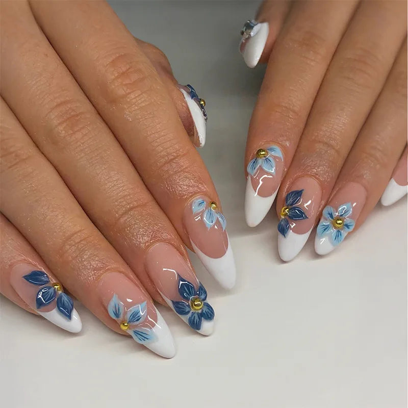 24pcs French Almond Press on Nails Flower False Nails Wearable Stick-on Nails Fake Nail Uñas Postizas Mujer Накладные Ногти 네일팁