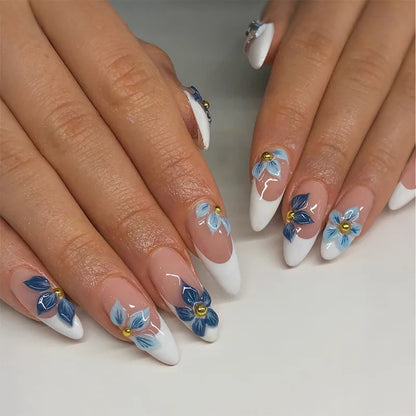 24pcs French Almond Press on Nails Flower False Nails Wearable Stick-on Nails Fake Nail Uñas Postizas Mujer Накладные Ногти 네일팁