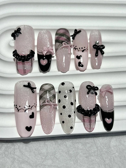Black Pink Sweet French Almond Handmade Press On Nails Grid Polka Dot Love Skirt Ballet Fake Nails Princess Cute Bow Nail Art