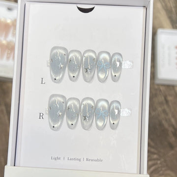 10Pcs Shiny Handmade Press on Nails Full Cover Rhinestone Cat's Eye Design False Nails Almond Wearable Manicure Nail Tips Art