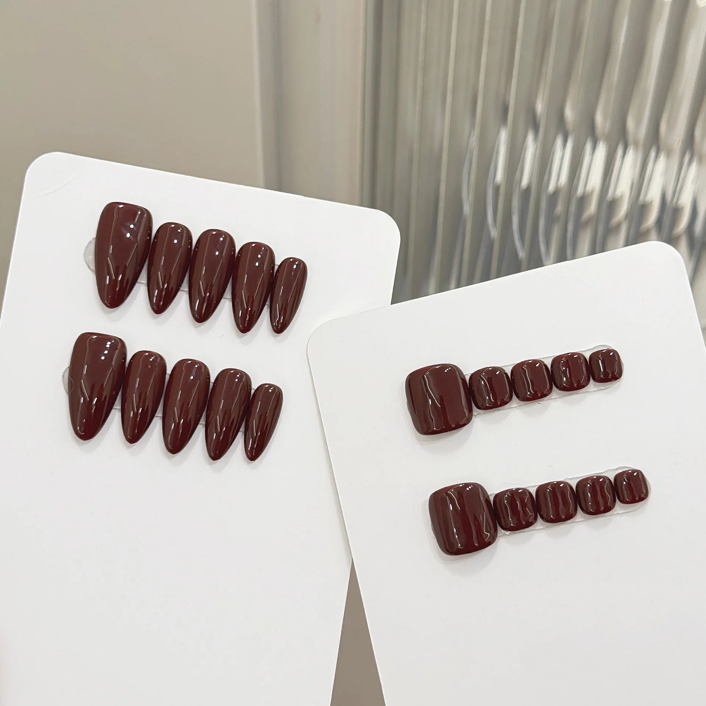 10pcs Handmade Press on Nails Simple Solid Color Almond Fake Nails Full Cover Wearable Lady Summer Brown False Toenails Set
