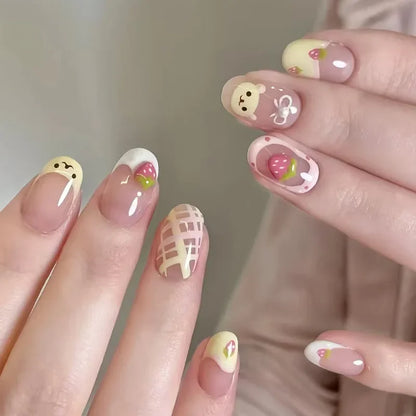 24PCS Cute Red Bowknot Short Oval Press on Nail with Glue Cartoon Cat Glossy French Fake Nails for Girls Wearable Ins Nail Tools