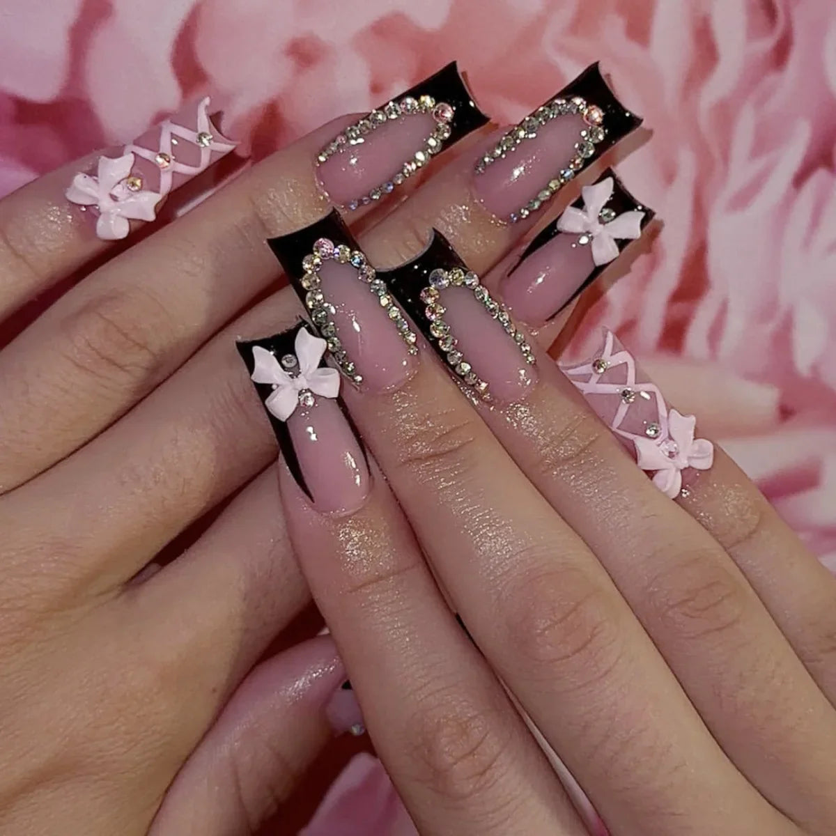24pcs Long Ballet Press On Nails Black Cross Strap French Style Fake Naile With 3D Bowknot Decor Korean Reusable False Nail Tips