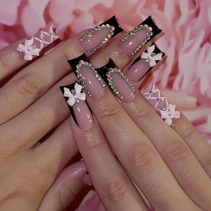 24pcs Long Ballet Press On Nails Black Cross Strap French Style Fake Naile With 3D Bowknot Decor Korean Reusable False Nail Tips