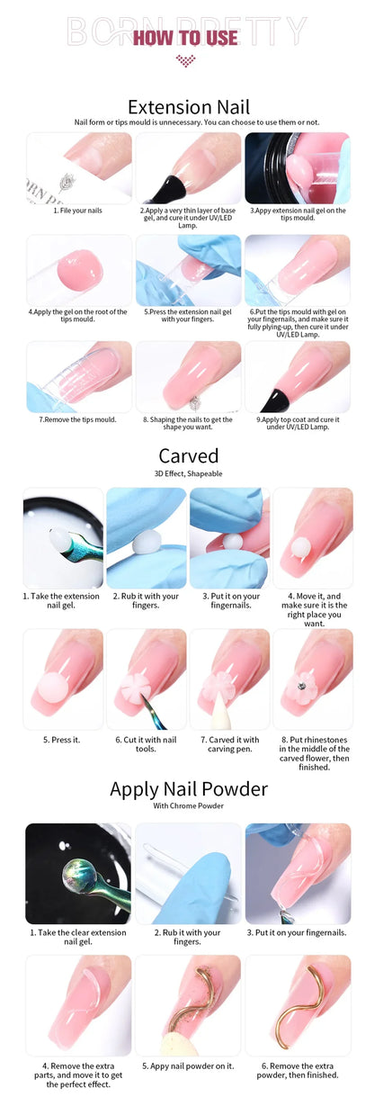 BORN PRETTY 15ml 3D Carving Jelly White Nude Non Stick Hand Solid Extension Nail Gel Polish Flower Acrylic Nail Art Building Gel