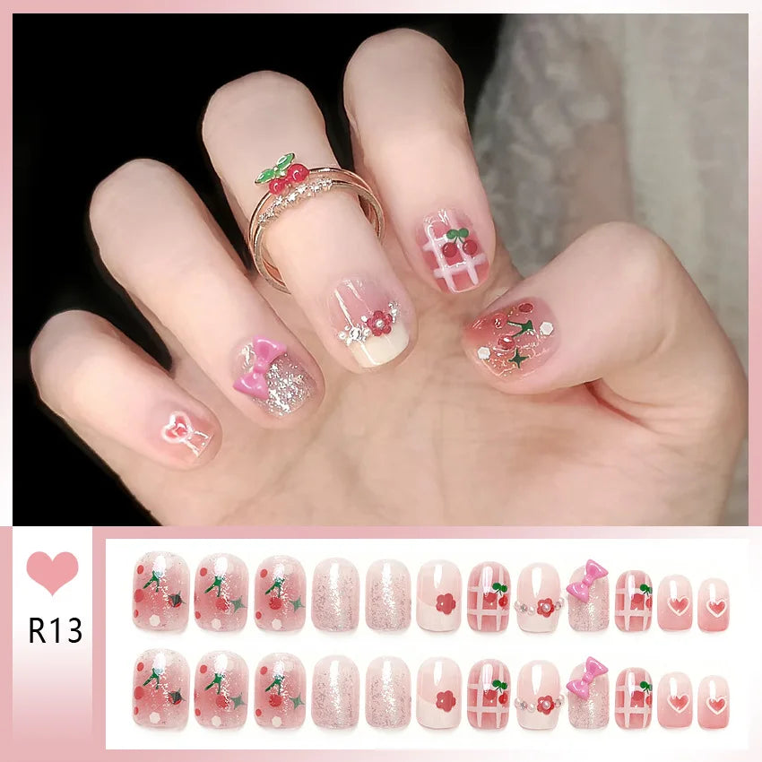 24pcs Bowknots Love Heart Pattern Press On Nails Cute Fresh Short Round French Style False Nails Korean Sweet Wearable Fake Nail