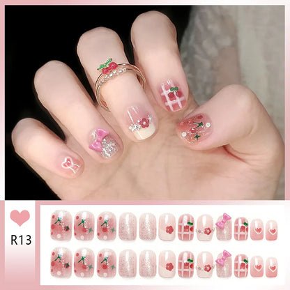 24pcs Bowknots Love Heart Pattern Press On Nails Cute Fresh Short Round French Style False Nails Korean Sweet Wearable Fake Nail