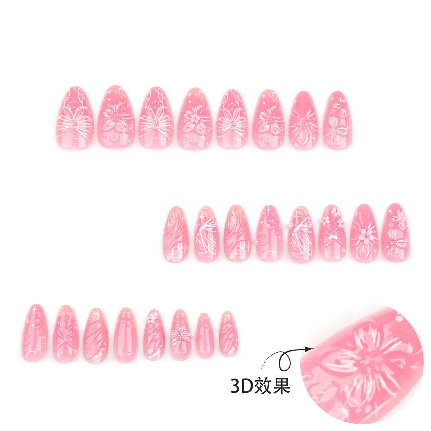 24pcs Sweet Pink Fake Nail Patches Blush 3D Bows Flower Pearl Buttertfly Press On Nails Wearable Almond Korean False Nail Tips