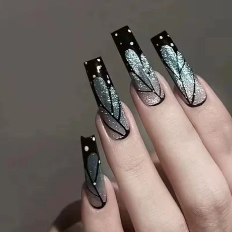 24Pcs Gold French Border False Nails Long Coffin False Nails with Rhinestones Ballerina Full Cover Nail Tips Press on Nails