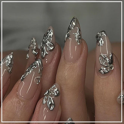 24pcs French Almond Press on Nails Leopard Print False Nails 3D Bow Wearable Stick-on Nails Fake Nail Uñas Накладные Ногти 네일팁