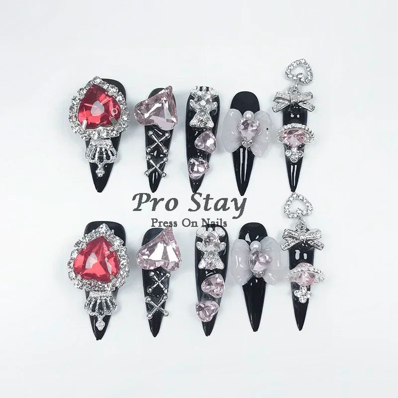 10pcs Dark black Y2k Hot Girl Handmade Press On Nails Sweet Cool  With Diamond Metal Decoration Wearable Artificial False Nail
